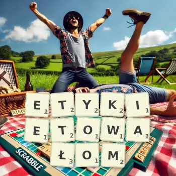 Kreatywna ilustracja do gry w Scrabble ze słowem ETYKIETOWAŁOM ułożonym z płytek na planszy.