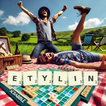Kreatywna ilustracja do gry w Scrabble ze słowem ETYLIN ułożonym z płytek na planszy.