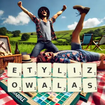 Kreatywna ilustracja do gry w Scrabble ze słowem ETYLIZOWALAS ułożonym z płytek na planszy.