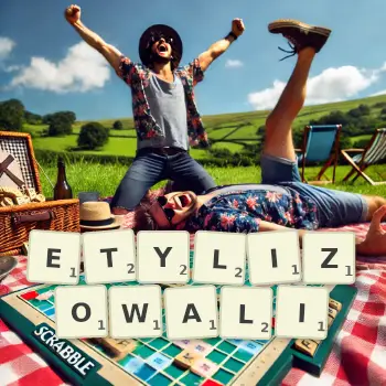 Kreatywna ilustracja do gry w Scrabble ze słowem ETYLIZOWALI ułożonym z płytek na planszy.