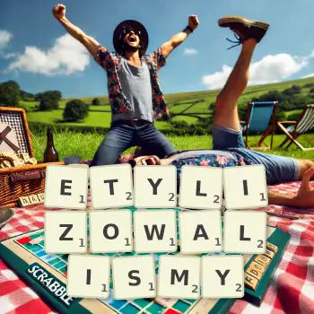 Kreatywna ilustracja do gry w Scrabble ze słowem ETYLIZOWALISMY ułożonym z płytek na planszy.