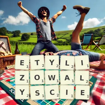 Kreatywna ilustracja do gry w Scrabble ze słowem ETYLIZOWALYSCIE ułożonym z płytek na planszy.