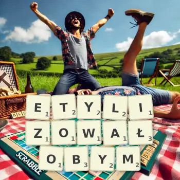 Kreatywna ilustracja do gry w Scrabble ze słowem ETYLIZOWAŁOBYM ułożonym z płytek na planszy.