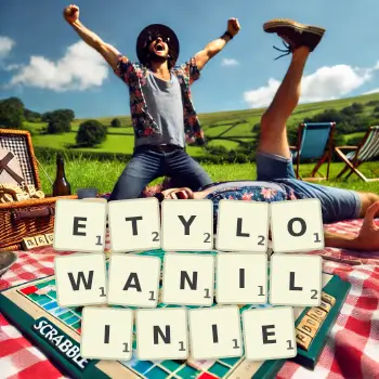 Kreatywna ilustracja do gry w Scrabble ze słowem ETYLOWANILINIE ułożonym z płytek na planszy.