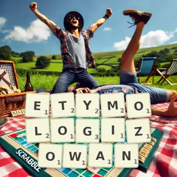 Kreatywna ilustracja do gry w Scrabble ze słowem ETYMOLOGIZOWAN ułożonym z płytek na planszy.