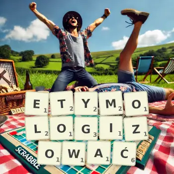 Kreatywna ilustracja do gry w Scrabble ze słowem ETYMOLOGIZOWAĆ ułożonym z płytek na planszy.
