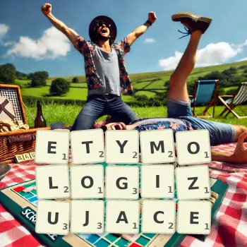 Kreatywna ilustracja do gry w Scrabble ze słowem ETYMOLOGIZUJACE ułożonym z płytek na planszy.