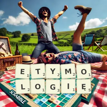 Kreatywna ilustracja do gry w Scrabble ze słowem ETYMOLOGIĘ ułożonym z płytek na planszy.