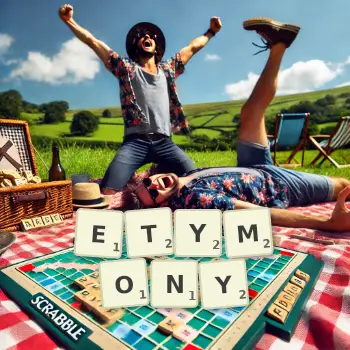 Kreatywna ilustracja do gry w Scrabble ze słowem ETYMONY ułożonym z płytek na planszy.
