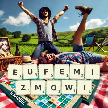Kreatywna ilustracja do gry w Scrabble ze słowem EUFEMIZMOWI ułożonym z płytek na planszy.