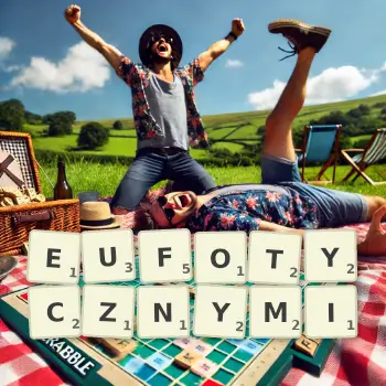 Kreatywna ilustracja do gry w Scrabble ze słowem EUFOTYCZNYMI ułożonym z płytek na planszy.