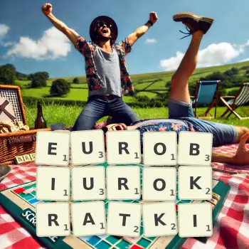 Kreatywna ilustracja do gry w Scrabble ze słowem EUROBIUROKRATKI ułożonym z płytek na planszy.