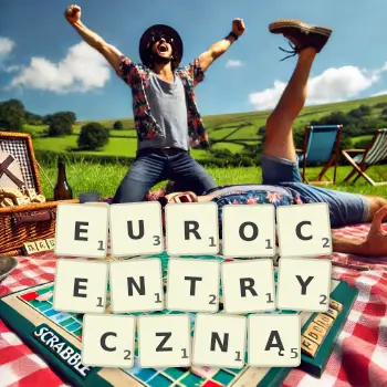 Kreatywna ilustracja do gry w Scrabble ze słowem EUROCENTRYCZNĄ ułożonym z płytek na planszy.