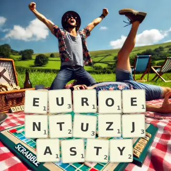 Kreatywna ilustracja do gry w Scrabble ze słowem EUROENTUZJASTY ułożonym z płytek na planszy.