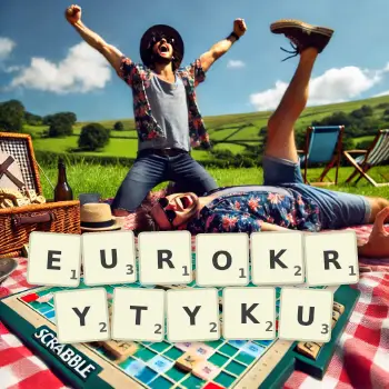 Kreatywna ilustracja do gry w Scrabble ze słowem EUROKRYTYKU ułożonym z płytek na planszy.