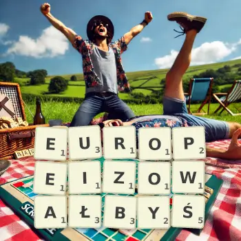 Kreatywna ilustracja do gry w Scrabble ze słowem EUROPEIZOWAŁBYŚ ułożonym z płytek na planszy.