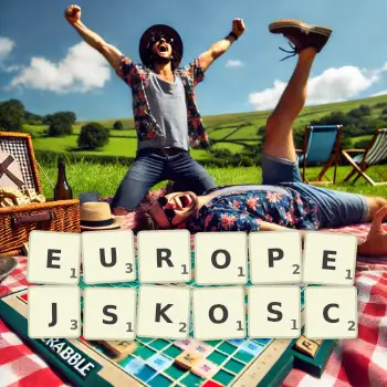 Kreatywna ilustracja do gry w Scrabble ze słowem EUROPEJSKOSC ułożonym z płytek na planszy.