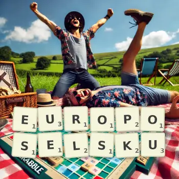 Kreatywna ilustracja do gry w Scrabble ze słowem EUROPOSELSKU ułożonym z płytek na planszy.