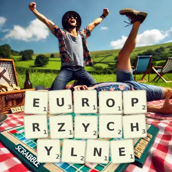 Kreatywna ilustracja do gry w Scrabble ze słowem EUROPRZYCHYLNE ułożonym z płytek na planszy.
