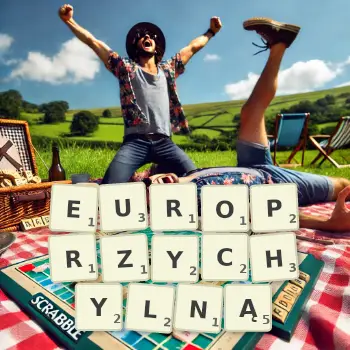 Kreatywna ilustracja do gry w Scrabble ze słowem EUROPRZYCHYLNĄ ułożonym z płytek na planszy.