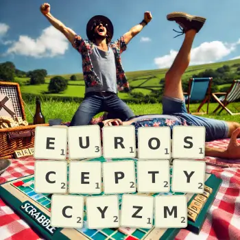 Kreatywna ilustracja do gry w Scrabble ze słowem EUROSCEPTYCYZM ułożonym z płytek na planszy.