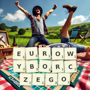 Kreatywna ilustracja do gry w Scrabble ze słowem EUROWYBORCZEGO ułożonym z płytek na planszy.