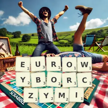 Kreatywna ilustracja do gry w Scrabble ze słowem EUROWYBORCZYMI ułożonym z płytek na planszy.