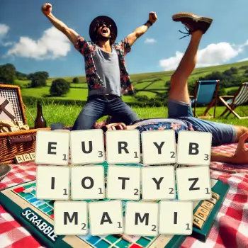 Kreatywna ilustracja do gry w Scrabble ze słowem EURYBIOTYZMAMI ułożonym z płytek na planszy.