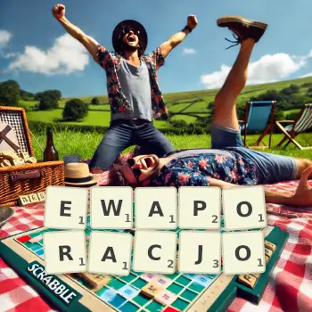 Kreatywna ilustracja do gry w Scrabble ze słowem EWAPORACJO ułożonym z płytek na planszy.