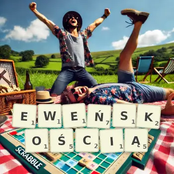 Kreatywna ilustracja do gry w Scrabble ze słowem EWEŃSKOŚCIĄ ułożonym z płytek na planszy.