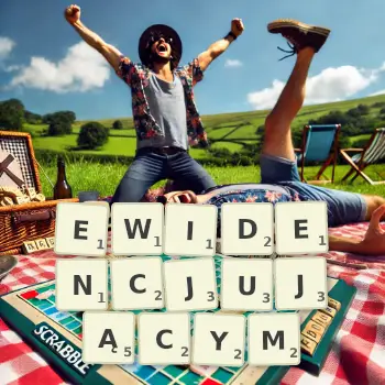 Kreatywna ilustracja do gry w Scrabble ze słowem EWIDENCJUJĄCYM ułożonym z płytek na planszy.