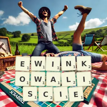 Kreatywna ilustracja do gry w Scrabble ze słowem EWINKOWALISCIE ułożonym z płytek na planszy.