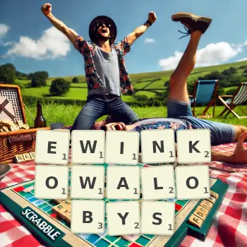 Kreatywna ilustracja do gry w Scrabble ze słowem EWINKOWALOBYS ułożonym z płytek na planszy.