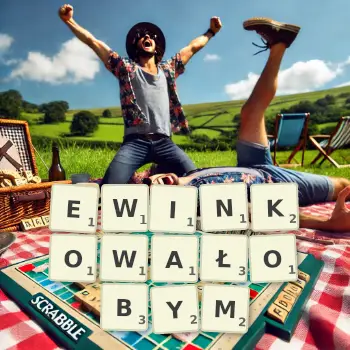 Kreatywna ilustracja do gry w Scrabble ze słowem EWINKOWAŁOBYM ułożonym z płytek na planszy.