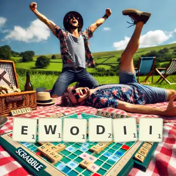 Kreatywna ilustracja do gry w Scrabble ze słowem EWODII ułożonym z płytek na planszy.