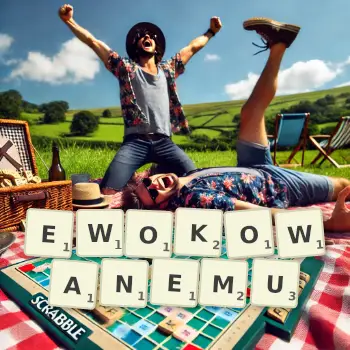 Kreatywna ilustracja do gry w Scrabble ze słowem EWOKOWANEMU ułożonym z płytek na planszy.