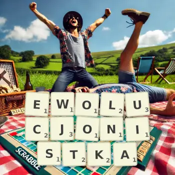 Kreatywna ilustracja do gry w Scrabble ze słowem EWOLUCJONISTKA ułożonym z płytek na planszy.