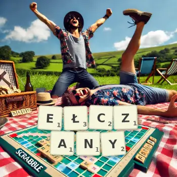 Kreatywna ilustracja do gry w Scrabble ze słowem EŁCZANY ułożonym z płytek na planszy.