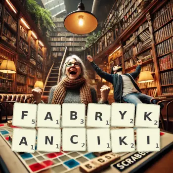 Kreatywna ilustracja do gry w Scrabble ze słowem FABRYKANCIKI ułożonym z płytek na planszy.