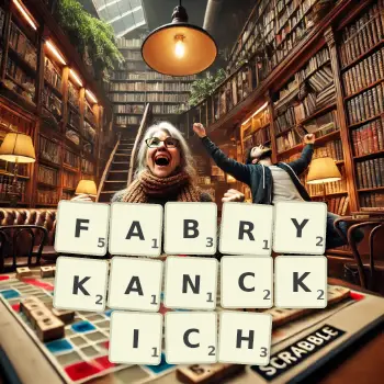 Kreatywna ilustracja do gry w Scrabble ze słowem FABRYKANCKICH ułożonym z płytek na planszy.