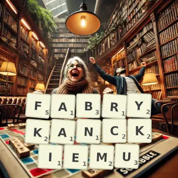 Kreatywna ilustracja do gry w Scrabble ze słowem FABRYKANCKIEMU ułożonym z płytek na planszy.