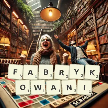Kreatywna ilustracja do gry w Scrabble ze słowem FABRYKOWANI ułożonym z płytek na planszy.