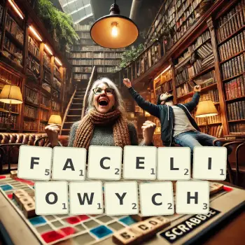 Kreatywna ilustracja do gry w Scrabble ze słowem FACELIOWYCH ułożonym z płytek na planszy.