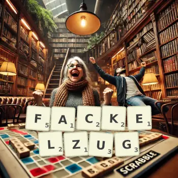 Kreatywna ilustracja do gry w Scrabble ze słowem FACKELZUG ułożonym z płytek na planszy.