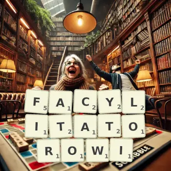 Kreatywna ilustracja do gry w Scrabble ze słowem FACYLITATOROWI ułożonym z płytek na planszy.