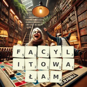 Kreatywna ilustracja do gry w Scrabble ze słowem FACYLITOWAŁAM ułożonym z płytek na planszy.