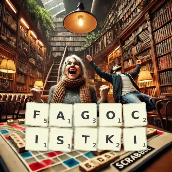 Kreatywna ilustracja do gry w Scrabble ze słowem FAGOCISTKI ułożonym z płytek na planszy.