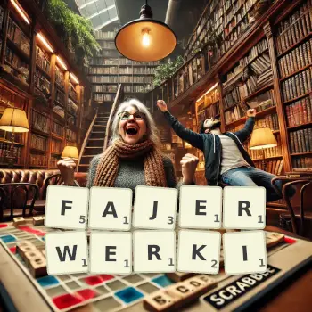 Kreatywna ilustracja do gry w Scrabble ze słowem FAJERWERKI ułożonym z płytek na planszy.