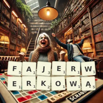 Kreatywna ilustracja do gry w Scrabble ze słowem FAJERWERKOWĄ ułożonym z płytek na planszy.