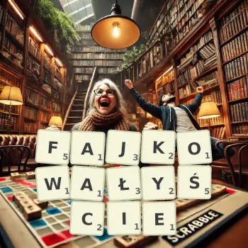 Kreatywna ilustracja do gry w Scrabble ze słowem FAJKOWAŁYŚCIE ułożonym z płytek na planszy.